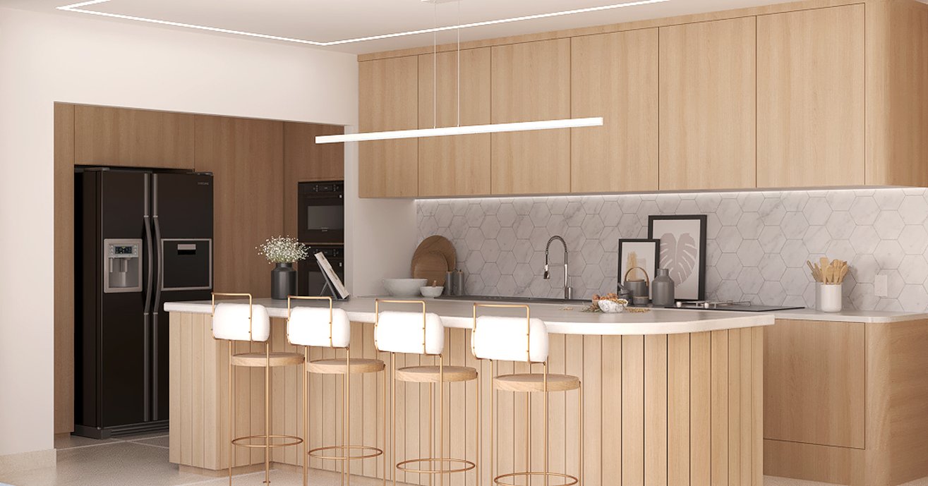 O projeto desta cozinha em estilo Japandi, une o melhor do design escandinavo e japonês, conhecido pelo uso de uma paleta de cores neutra, simplicidade, aconchego, iluminação e texturas naturais. O porcelanato Onyx Unique da Portobello, utilizado tanto no piso como nas bancadas e ilha (elemento central e mais importante, onde os usuários vão se reunir), traz esse aspecto desejado ao projeto e completa um ambiente que tem a intenção de aproveitar os espaços de maneira eficaz, explorando a iluminação natural abundante que destaca as formas e elementos presentes no ambiente, resultando em um espaço de convivência que é possível reunir a família e promover o bem-estar de cada um ao se preocupar com a salubridade e aconchego. As grandes aberturas colaboram com o conforto térmico e lumínico, filtrando a quantidade luz e calor com os elementos de proteção. Foram utilizadas texturas naturais ou que remetem à natureza, como a palha indiana, madeira e o porcelanato e lastras que trazem esse aspecto. #ConcursoArchtrends
