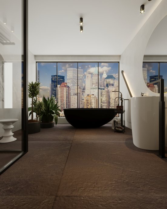 Projeto feito por mim de uma sala de banho em estilo contemporaneo e referencias cosmopolita em tons P&B usando para o piso o acabamento natural da Portobello Ipanema trazendo elegancia e beleza ao espaço. Coloquei umas plantas para trazer a natureza para dentro do ambiente. O projeto de iluminação , além de ter a função de iluminar, tambem criei algumas luzes indiretas para dar um mood de relaxamento contemplando a vista da cidade.