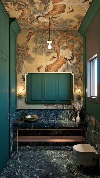 No piso e no lambri, esbanjamos Verdi Alpi, a lastra mais maravilhosa da Portobello. Sofisticação e elegância em muito estilo.
