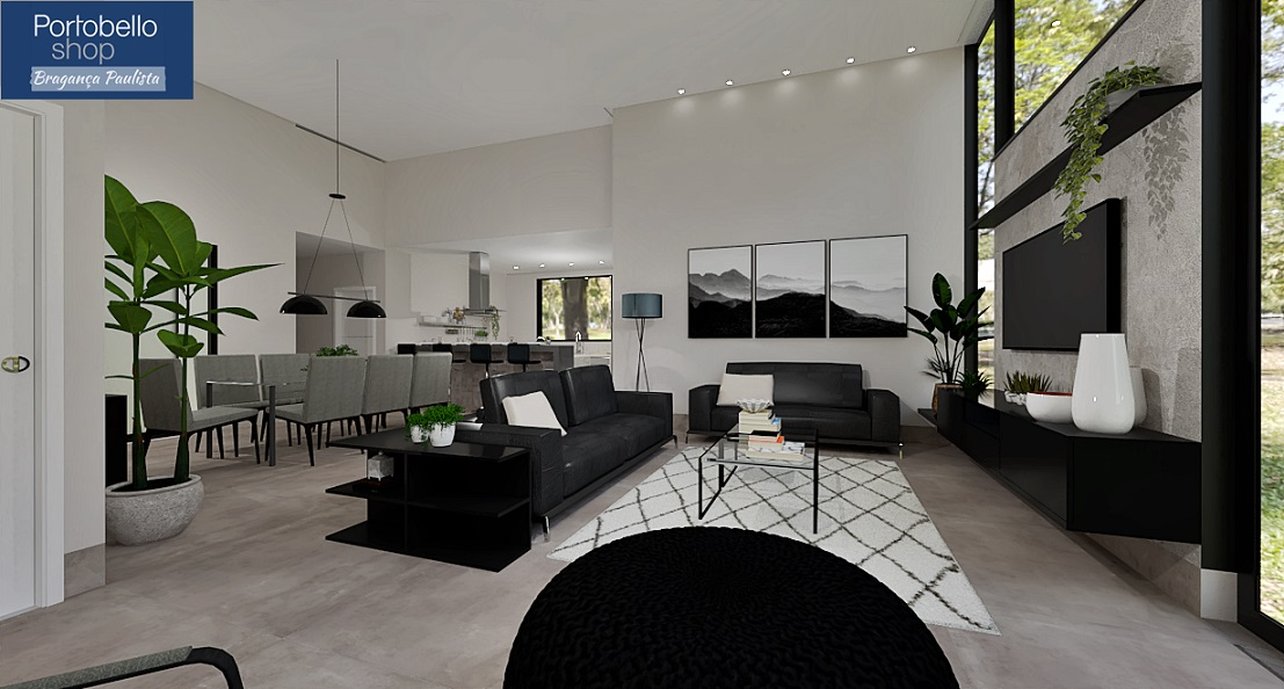 Ambiente contemporâneo em tons de cinza.