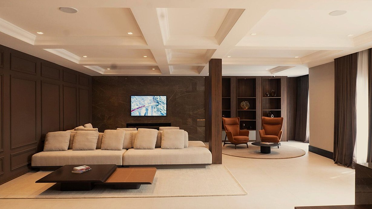 Pensado para receber com sofisticação e acolhimento. O mobiliário de linhas retas e tons neutros complementa a atmosfera contemporânea, resultando em uma recepção sofisticada e atemporal.