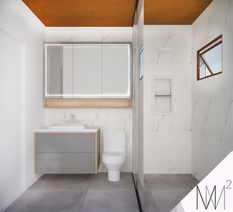 Banheiro residencial projeto com cores neutras e atemporais, em conjunto com revestimentos que completam o projeto.