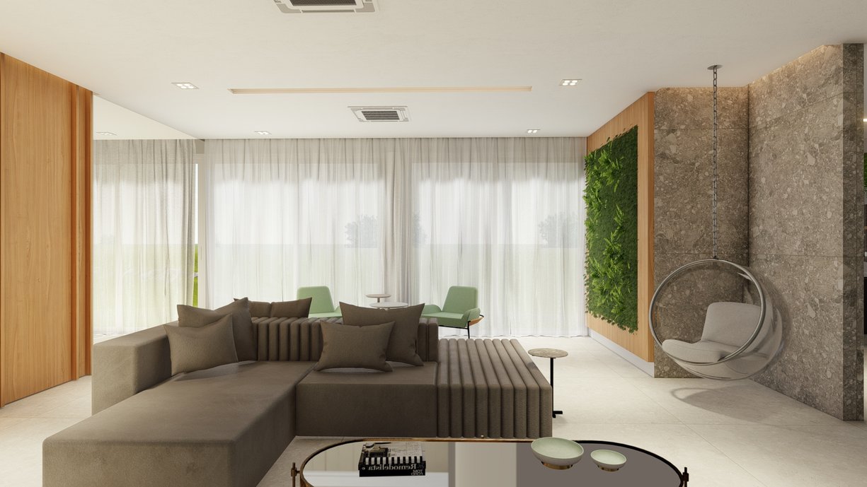O Living era um espaço importantíssimo para esta família. Este espaço divide a área íntima da área comum e também liga a entrada principal da residência com a área de lazer externa e a piscina. A ideia principal foi trazer função a um ambiente que inicialmente parecia ser somente de passagem. A família ama conversar e tomar um bom vinho, agora tem espaços especiais para trazer muitos amigos e criar diversos cantinhos de conversa nesta sala 360°.