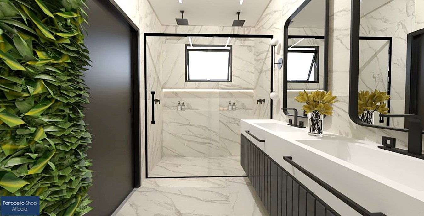 Banheiro sofisticado com um misto do clássico e moderno, utilizando tons neutros no branco e cinza que harmonizam muito bem com os metais pretos.