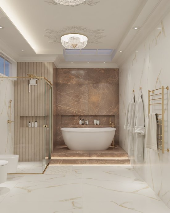 Sala de banho luxuosa revestida em porcelanato marmorizado. O porcelanato Oro Bianco dá o tom de elegância ao ambiente, enquanto o porcelanato *OR* de Cacau acrescenta um contraste perfeito, destacando a área da banheira. Para compor o ambiente, ripas Dansk Cement Rope como toque final para parede do chuveiro e nicho. Render: Dona Arquitetura