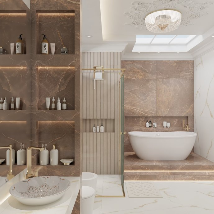 Sala de banho luxuosa revestida em porcelanato marmorizado. O porcelanato Oro Bianco dá o tom de elegância ao ambiente, enquanto o porcelanato *OR* de Cacau acrescenta um contraste perfeito, destacando a área da banheira. Para compor o ambiente, ripas Dansk Cement Rope como toque final para parede do chuveiro e nicho. Render: Dona Arquitetura