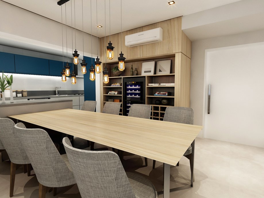 Living integrado com cozinha, com destaque para estante com bar e adega
