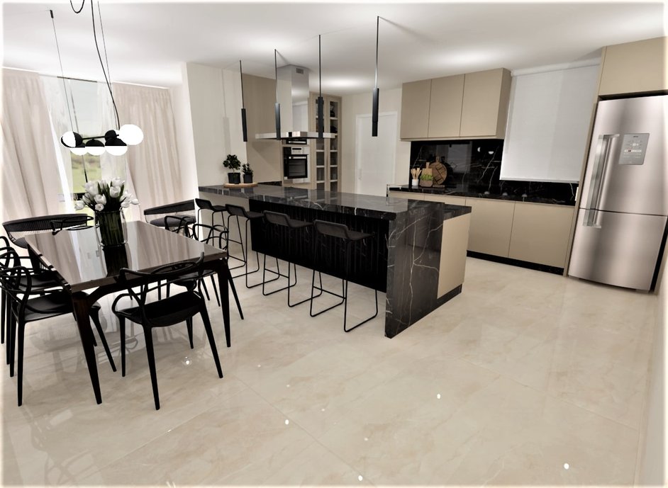 Cozinha integrada com sala de jantar e estar, escada como acesso a parte superior.