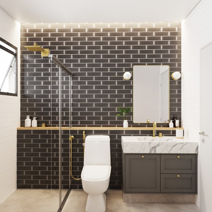Banho feito com peças da linha Liverpool, com mureta e arandelas para iluminação.