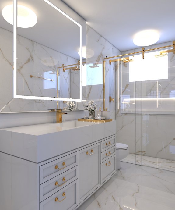BANHEIRA DE IMERSÃO COM PAREDE EM PORCELANATO ORO BIANCO CORTADA COM PERFIS DE ACABAMENTO DOURADOIO.