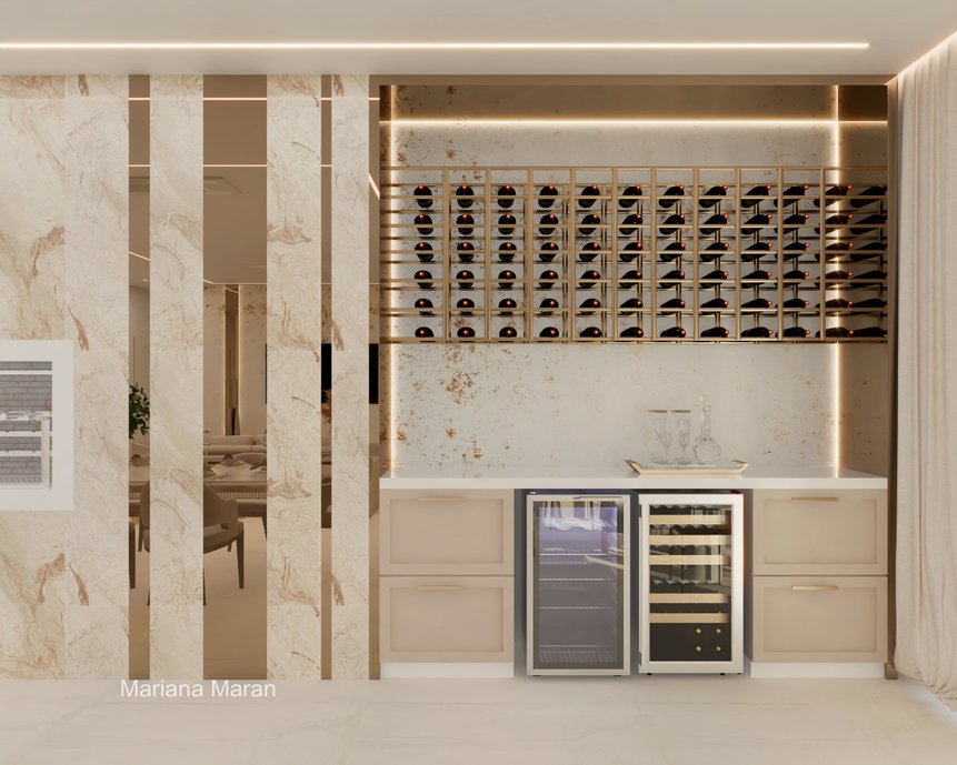 Paleta clara com detalhes pontuais em tom terroso, trazendo personalidade à proposta. A área do jantar conta com uma vista linda e também um lustre que destaca a mesa de dez lugares. Passa as fotos para o lado para conferir uma visão ampla do conceito aberto que ganhou duas opções de cores na cozinha e no aparador da sala: fendi e branco. Nas duas escolhas nós temos um painel com filetes dourados e iluminação indireta, trazendo um charme para o espaço. Já a adega conta com um mix de dourado e bronze, e o revestimento da @portobello se encaixou perfeitamente na paleta de cores, deixando nossas duas propostas ainda mais sofisticadas.
