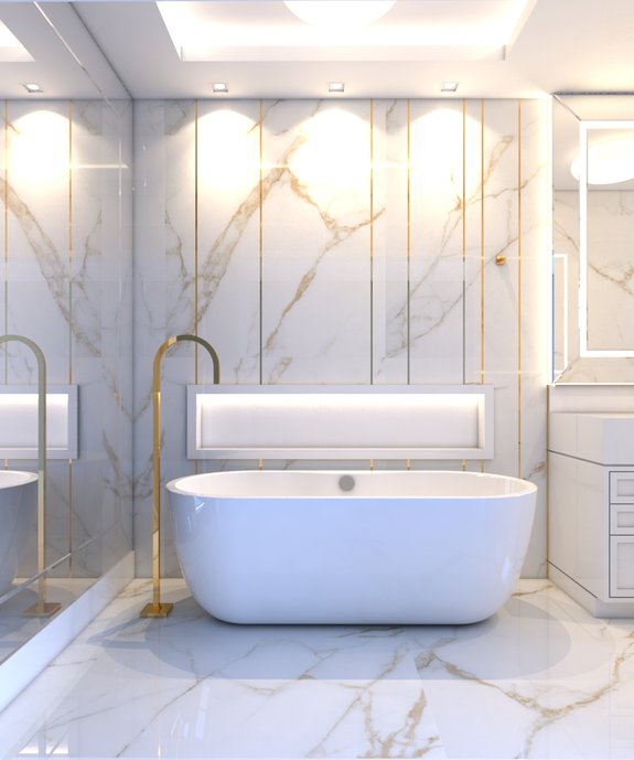BANHEIRA DE IMERSÃO COM PAREDE EM PORCELANATO ORO BIANCO CORTADA COM PERFIS DE ACABAMENTO DOURADOIO.