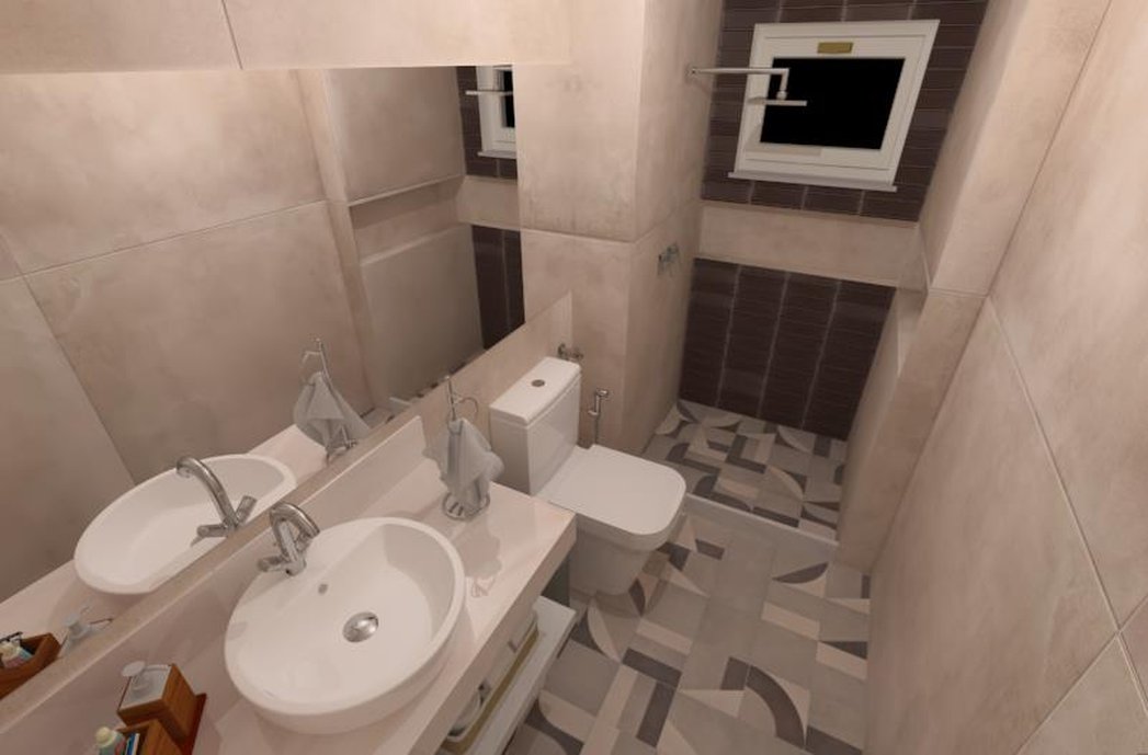 Banheiro com porcelanato concreto, linha Superquadra art no piso dando um detalhe retrô e liverpool na parede do box.