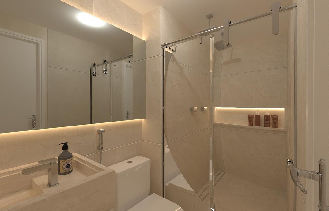 Sala de banho revestida com porcelanato Beige Versailles, bancada Sonatta , metais Docol e ralo linear Ralo Royal Line tampa oculta 131 80cm
