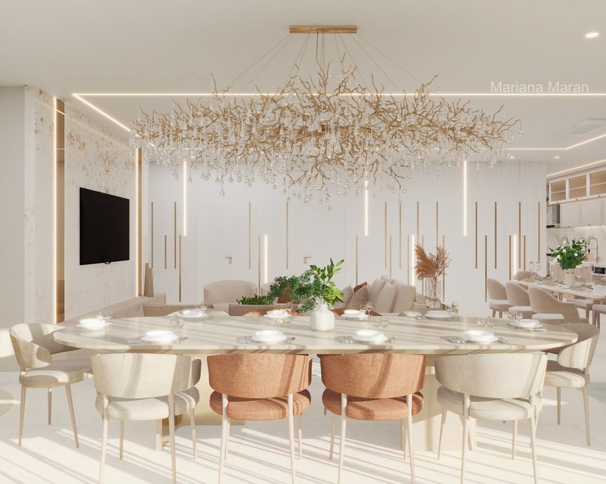 Paleta clara com detalhes pontuais em tom terroso, trazendo personalidade à proposta. A área do jantar conta com uma vista linda e também um lustre que destaca a mesa de dez lugares. Passa as fotos para o lado para conferir uma visão ampla do conceito aberto que ganhou duas opções de cores na cozinha e no aparador da sala: fendi e branco. Nas duas escolhas nós temos um painel com filetes dourados e iluminação indireta, trazendo um charme para o espaço. Já a adega conta com um mix de dourado e bronze, e o revestimento da @portobello se encaixou perfeitamente na paleta de cores, deixando nossas duas propostas ainda mais sofisticadas.