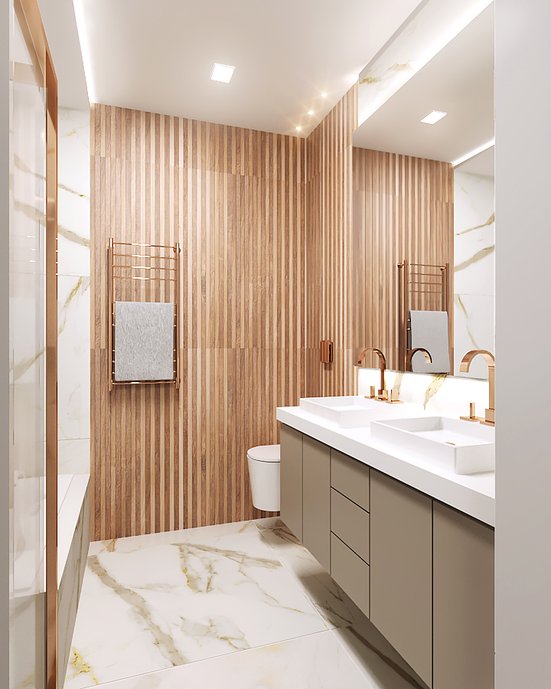 Banheiro sofisticado e elegante, com o ripado em destaque, tirando o aspecto 