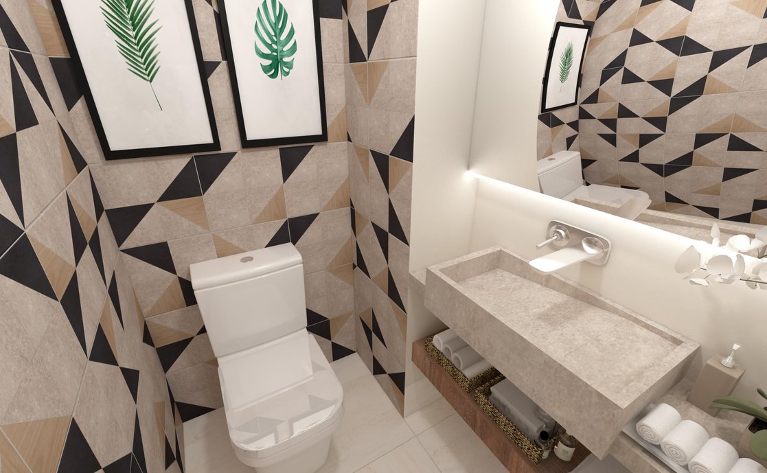 Parede - Mosaico em Superquadra Concreto, Araucária Clara e Dansk Graphite / Piso : Travertino Navona Bianco