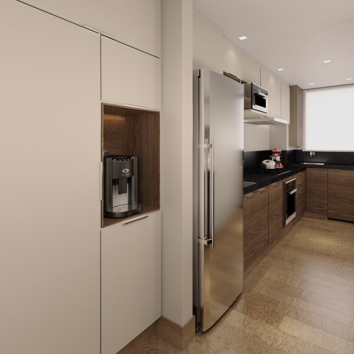 Cozinha com materiais Duratex e piso 