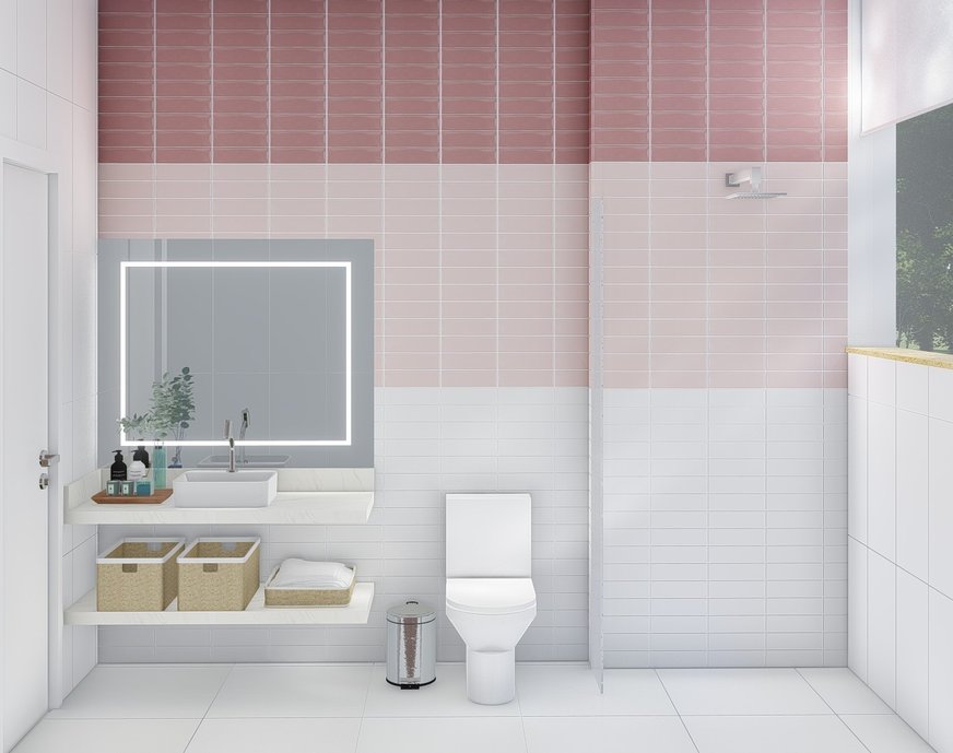 Banheiro feito para uma adolescente que ama rosa.