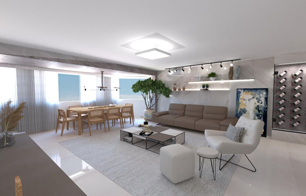 Resvestimos o desnível no teto com lastras 160x320 criando um pórtico sobre a mesa de jantar. A parede ao fundo do sofá com e fundo da adega lastras em 120x270. Para confecção dos mobiliarios foram utilizados produtos na base 120x120