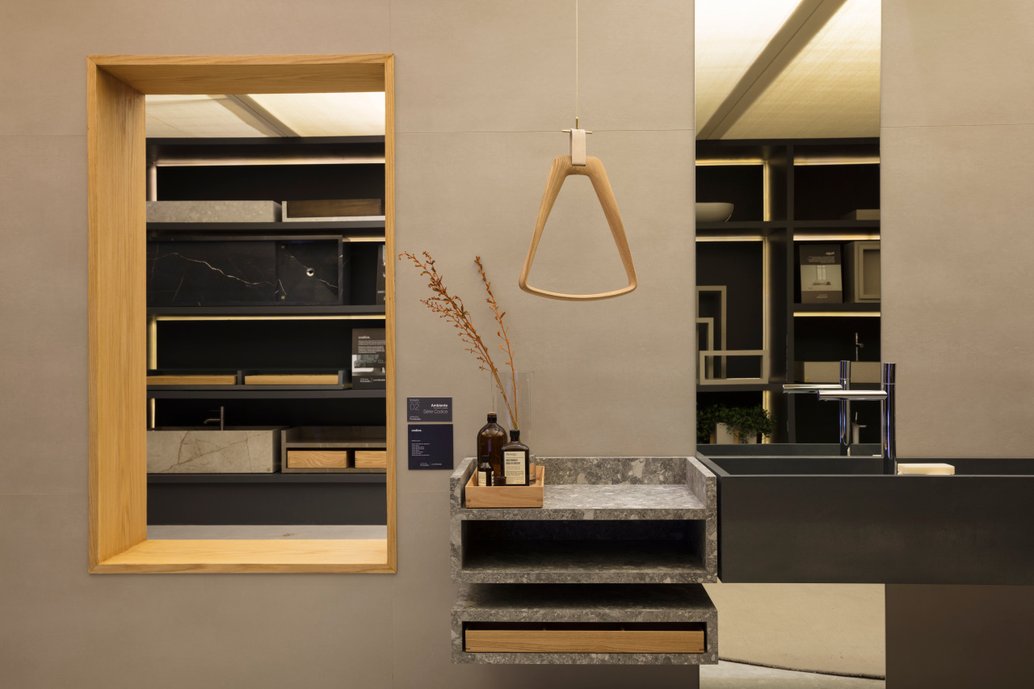 01 bandeja dupla 75x50x30 Pietra Lombarda Grigio | 01 cuba r dir 150x50x30 Steel Black | 01 nicho 75x50x15 Pietra Lombarda Grigio