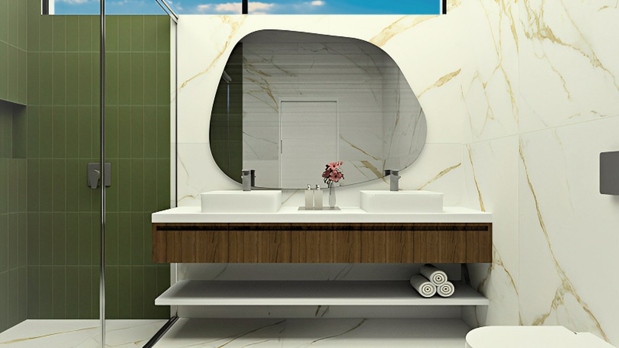 Uma modelagem para um banheiro master evidênciando o produto Terralma Mandacaru. Também foram utilizados o produto Oro Bianco, e complementos de louças e metais.