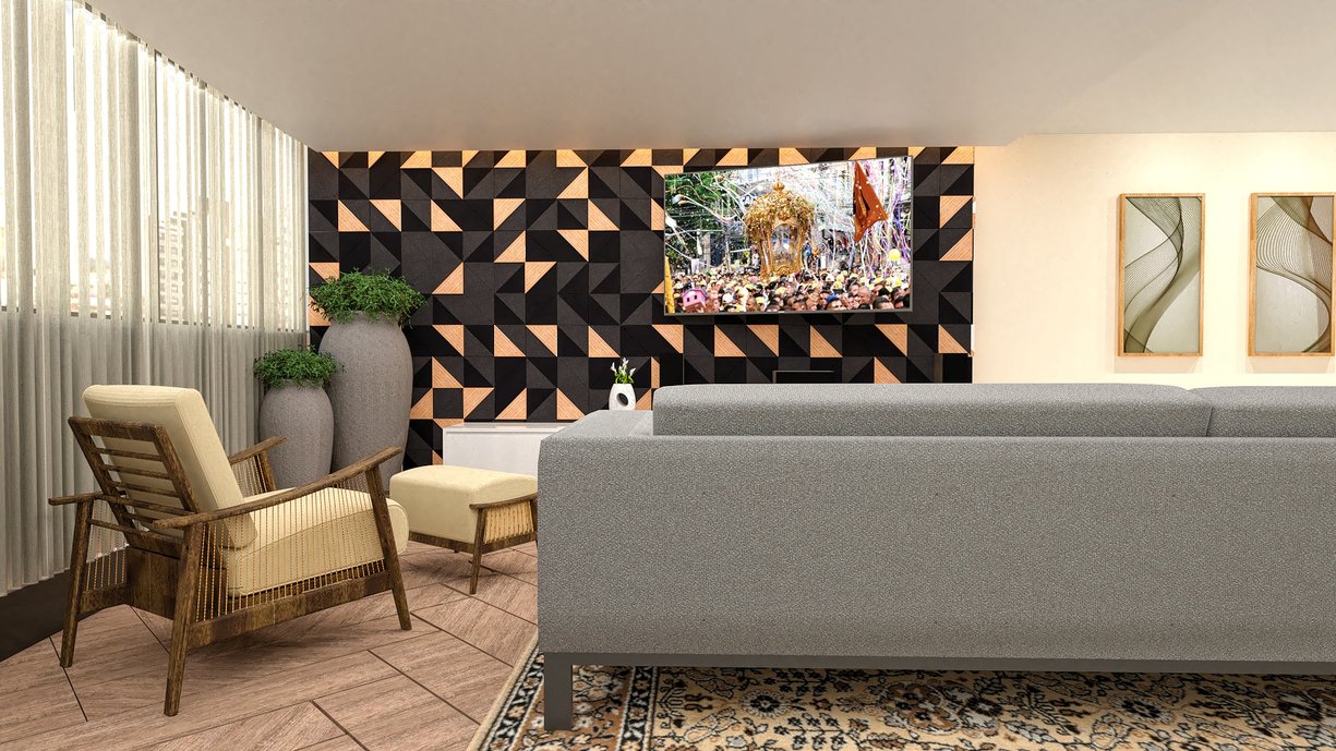 integração da sala de estar, sala de jantar com a varanda, utilizando o revestimento Portobello na parede - Mosaicos area black 19x19 e edge tropical wood 19x19 no Piso o Ecowood 2.0 canela e no piso 