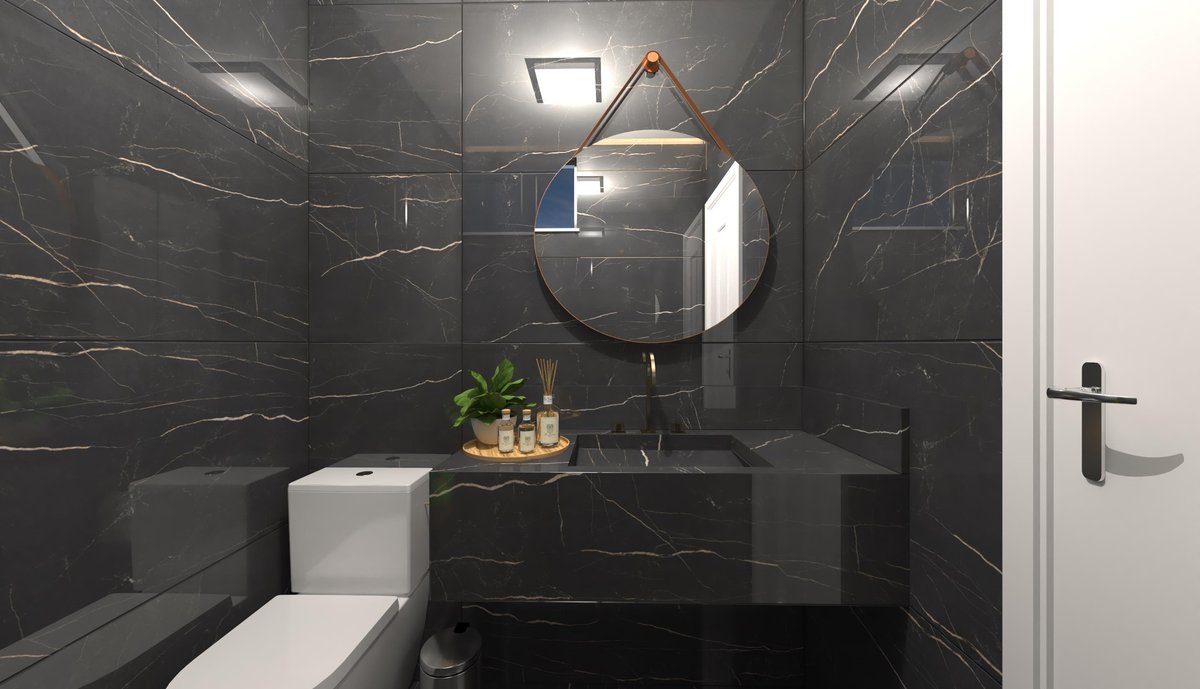 Lavabo com um toque ousado e moderno do marmorizado Nero Venato.