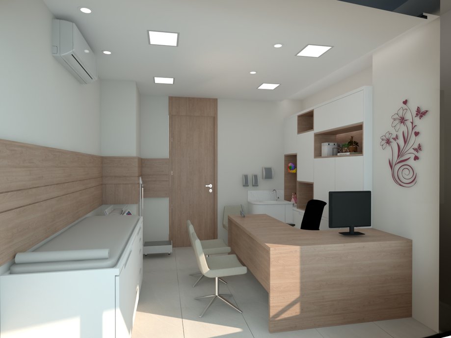A sala de de atendimento foi planejada para aproveitar parte dos móveis da sala anterior, novos foram criados para receber acomodar pertences da médica. Criando nichos com luzes para criar um ambiente cênico e confortável para as crianças e seus responsáveis, as cores claras trazem leveza ao ambiente.
