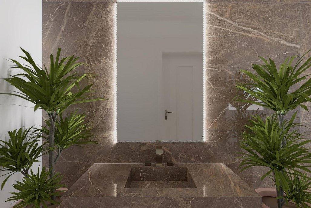 Lavabo revestido com *OR* de Cacau e Superquadra Cru.