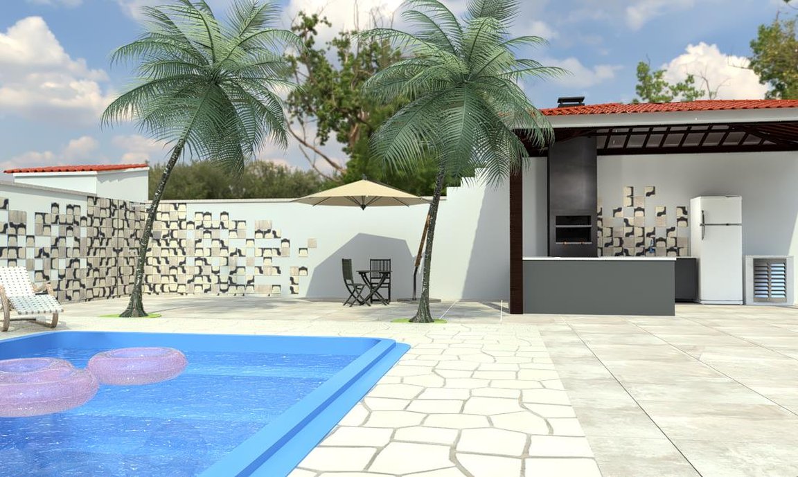Foi utilizado o Neotropical Black Mix para a área do chuveiro e acima da bancada. No piso utilizamos o Concretissyma Matiz Grigio e para o deck da piscina o Kit Janeiro Off White