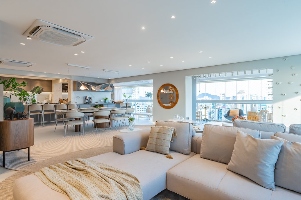 Living integrado com jantar e cozinha