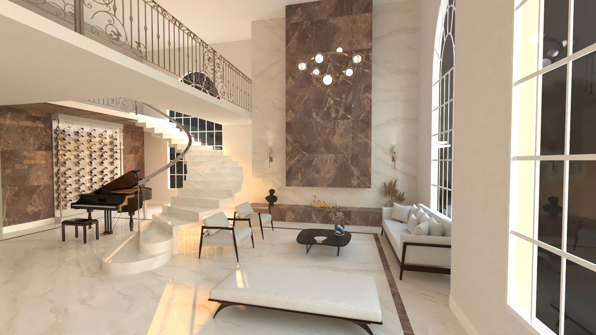 Sala do piano. Lareira, detalhe no piso e detalhe na adega em Ór de Cacau Polido; Piso e escada em Bianco Covelano.