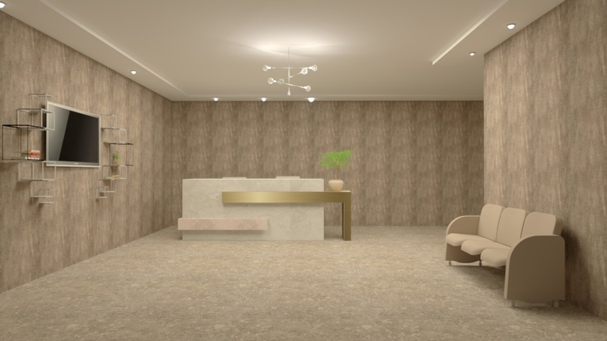 recepção ampla e autentica utilizando nas paredes o porcelanato BRASILIA CONCRETO CINZA 30X60 NAT RET e no piso o porcelanato PIETRA LOMBARDA SEPIA 120x120 NAT.