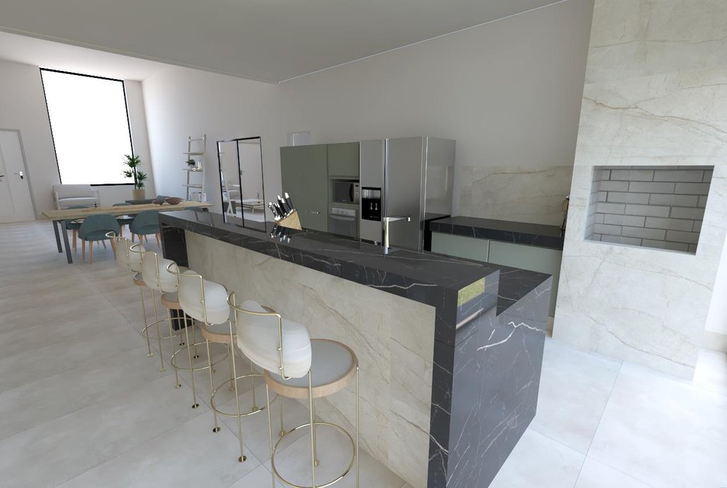Espaço de living e gourmet revestido em superquadra cru com detalhes no nero venato e no nude savanna.