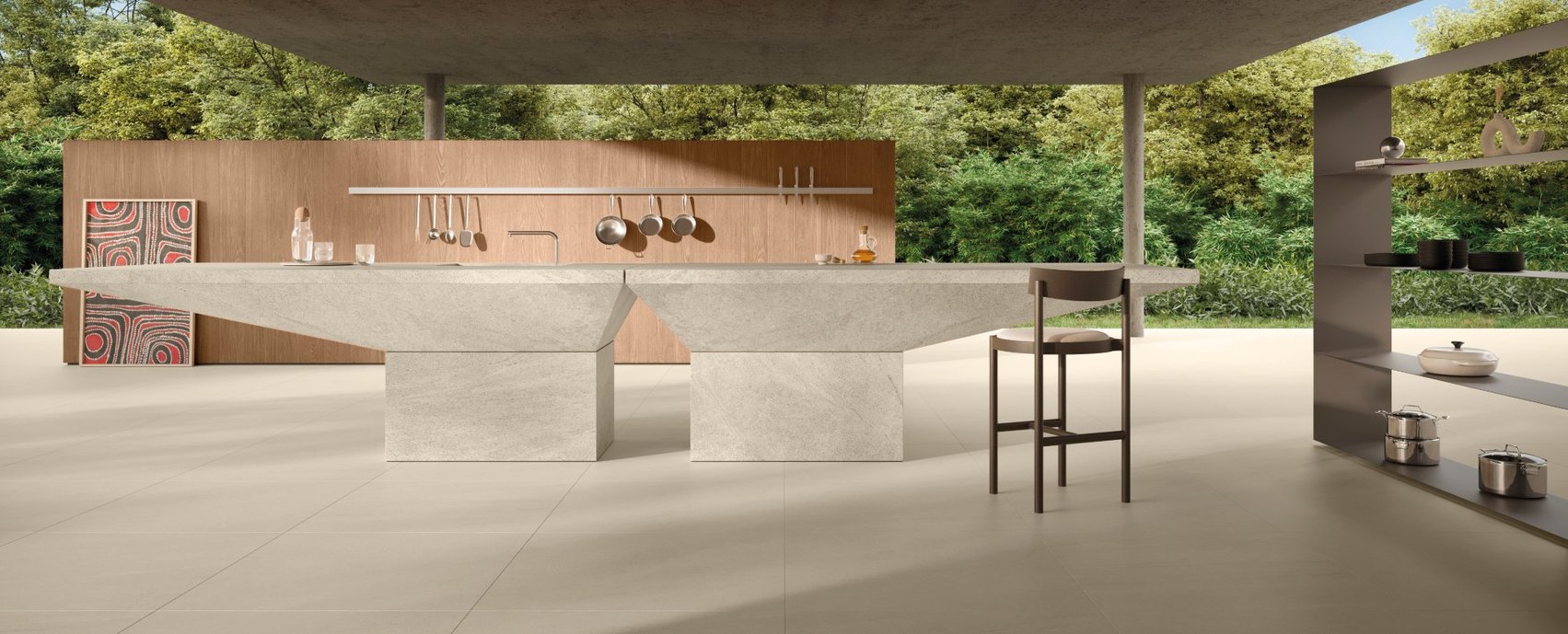 A²TO - COZINHA ALEX ATALA: carrinho de apoio, cooktop de indução secreto, bancada de porcelanato