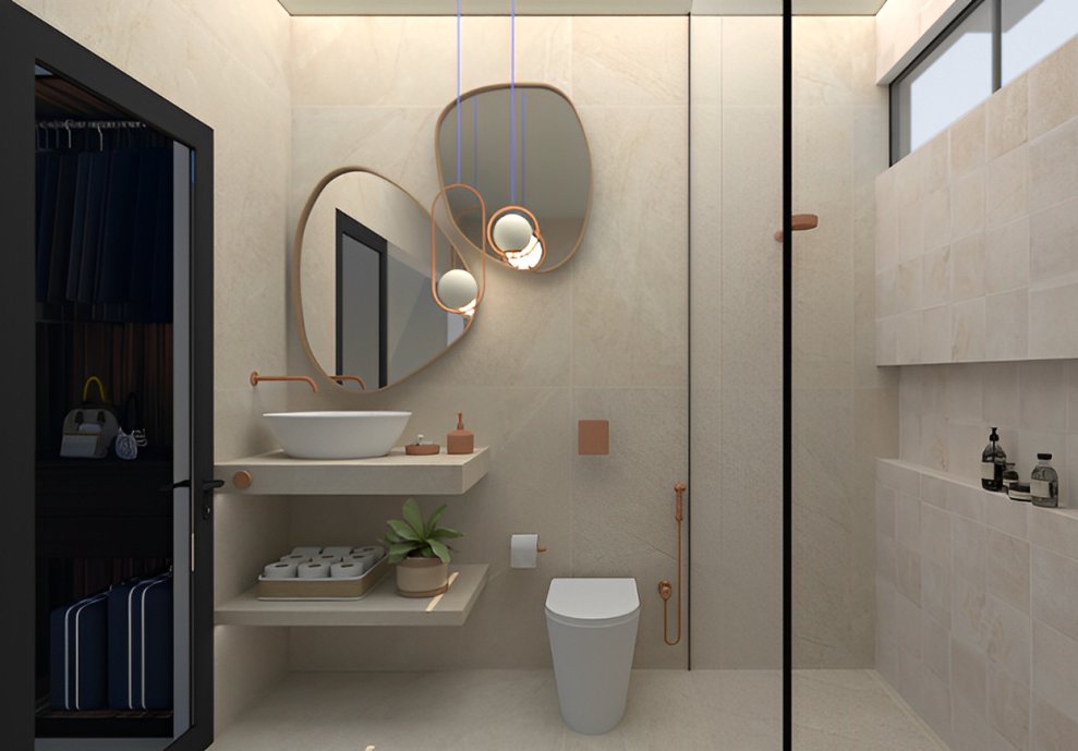 A proposta de um banheiro utilizando em destaque o lançamento Nomad 120x120 natural. A harmonização dele com o produto Salt Lake Spring 20x20 mate e com os metais cobre escovado da Docol.