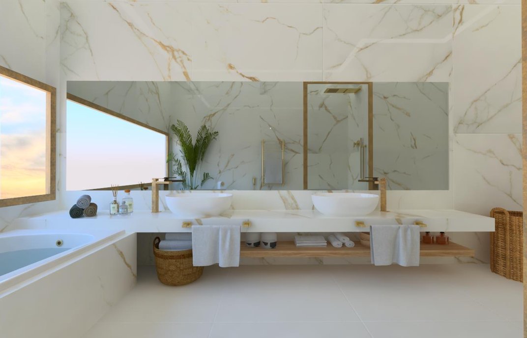 Paredes no porcelanato lindo Oro Bianco da linha Timeless. Piso revestido com o Classico Branco. Sofisticação e leveza. 