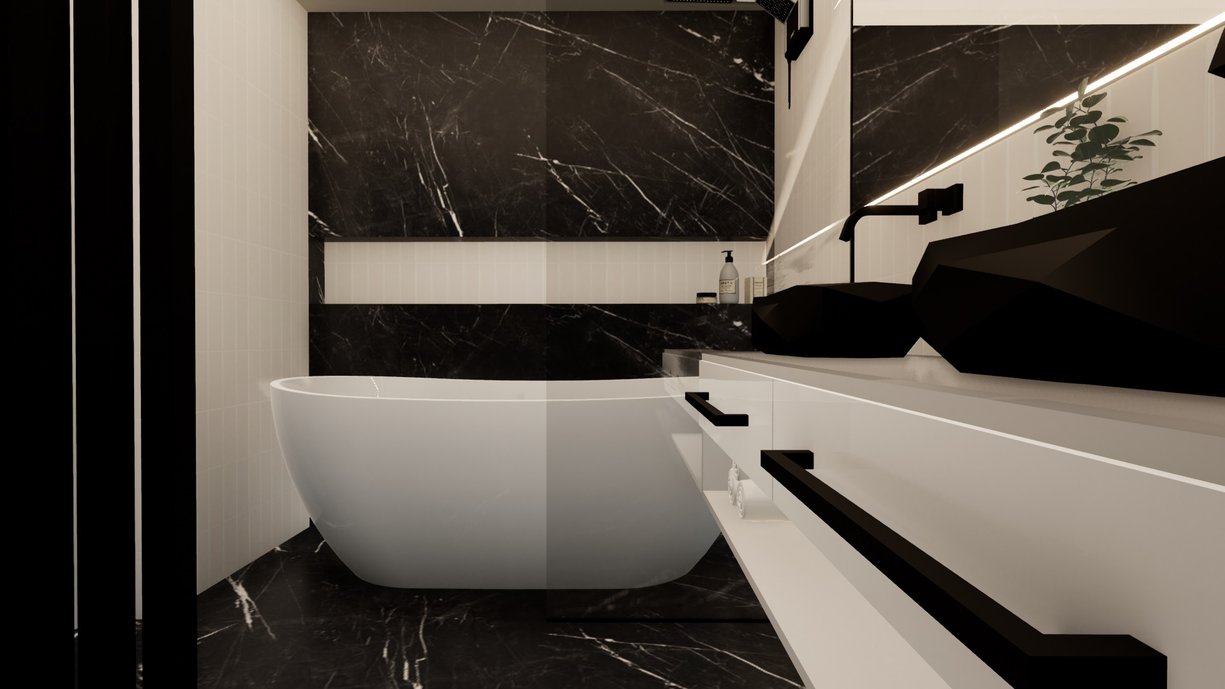 A reforma total de uma casa antiga permitiu que a suíte do casal se tornasse um dos ambientes mais elegantes da casa! O mesmo revestimento utilizado no piso se estende atrás da banheira e também da bacia sanitária. Com o intuito de gerar impacto, a escolha foi pela lastra classic nero marquina. Para trazer equilíbrio, a escolha para as demais paredes foi o revestimento gap white. O resultado foi um conceito P&B, idealizado pela cliente ❤