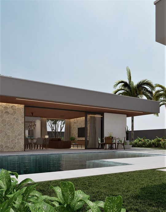 #ConcursoArchtrendsCasoca. A Área Gourmet MR apresenta funcionalidade dentro de um só ambiente para reunir toda a família. Com espaço para montar e desfrutar de refeições com conforto e harmonia. O espaço conta com o porcelanato Ms. Barcelona Cristal no piso e o Yass Gray revestindo a churrasqueira e a parede da bancada. Escolhidos para transmitir leveza para o local e formar uma composição excepcional com a pedra natural e a madeira certificada. Esse ambiente também visa a sustentabilidade para o dia a dia, que prevê o uso de energia fotovoltaica, placas solares para aquecimento da água e cisterna para reutilização da água da chuva e irrigação de todo o jardim externo. A presença de grandes aberturas em faces diferentes proporciona o uso da ventilação cruzada e iluminação natural. Todo o espaço gourmet é voltado para um pátio central onde está localizado a piscina, cuja área possui o mesmo revestimento interno, o porcelanato MS. Barcelona Cristal Ext, assim evidenciando a integração interior/exterior. 