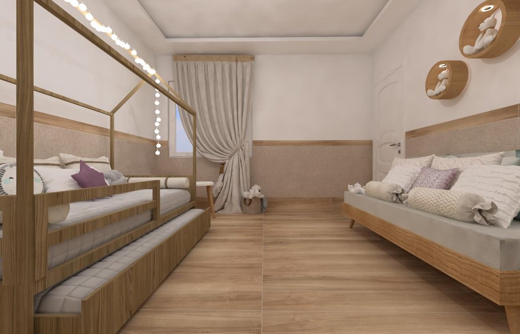 Quarto de criança com porcelanatos nas paredes e piso aconchegantes e sofisticados. 