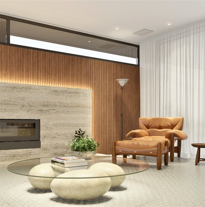 #ConcursoArchtrendsCasoca. A casa HL concilia as possibilidades da vista para o mar, a iluminação natural e vista para pôr do sol. A implantação da casa estende-se pelo terreno a fim de promover a insolação adequada para cada ambiente proposto. Através do uso da horizontalidade dos volumes, integrou-se os espaços internos por meio de aberturas voltadas para um pátio central, privilegiando a privacidade na casa e a conexão com os ambientes internos de lazer, a piscina, que possui o revestimento Barlavento Caribbean e o estar externo. O porcelanato MS. Barcelona Cristal foi utilizado no interior da residência e também no exterior, com suas variações Ext e acetinado, assim gera a integração dos ambientes e estimula a utilização dos dois espaços de maneira unificada. O revestimento claro valoriza o uso dos painéis de madeira certificada e das pedras naturais na parede. Assim, o projeto possui portobello para casa toda, transmitindo conforto para toda família. 