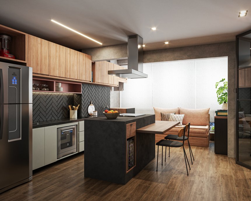 Em pequenos apartamentos todo espaço conta! Para aproveitarmos ao máximo os espaços para armazenamento sem deixar o ambiente tumultuado, criamos uma ilha para acomodar forno, cooktop, adega. 