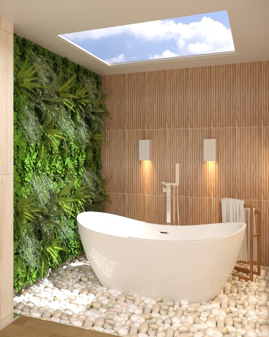 Sala de banho com espaço zen. Sofisticada, intimista e biofílica. 