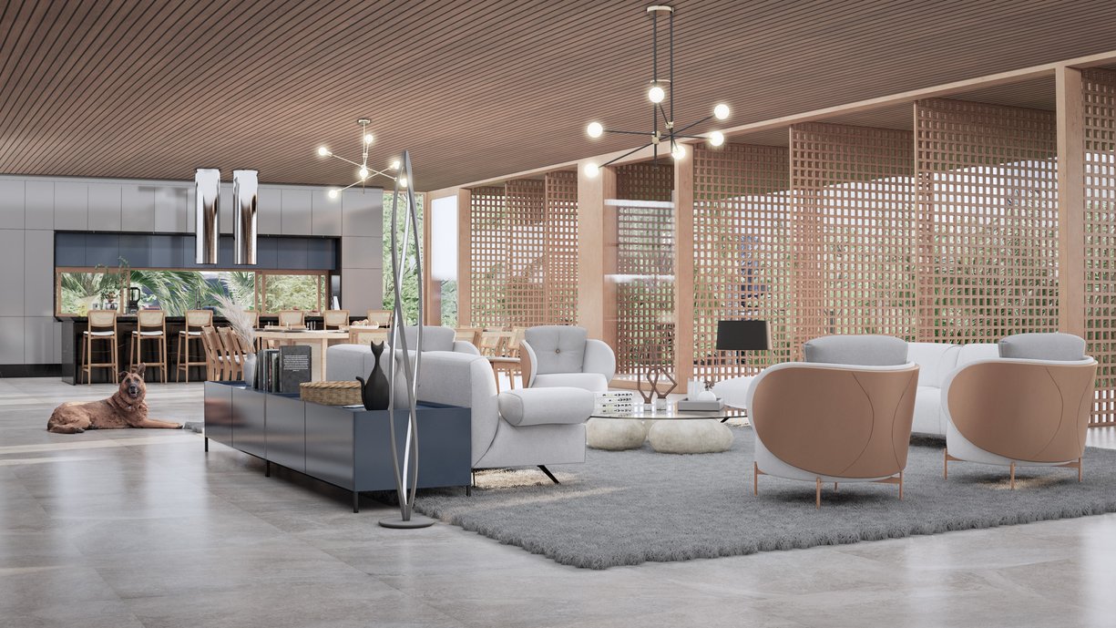 Este projeto contempla um living e uma cozinha integrados com a área externa da casa. A proposta aqui foi de trazer a sustentabilidade e a brasilidade no uso de diversos materiais e a conexão com o entorno com as grandes aberturas criando uma área de convívio onde, por vezes, não se sabe onde começa e onde termina o interior e o exterior. Como elementos sustentáveis foram inseridos esquadrias em madeira por se tratar de um elemento natural e que captura o CO2 ao invés de contribuir com a geração deste elemento nociso. Também em madeira, representando a brasilidade do projeto, foram inseridos esquadrias em muxarabi que possuem a função de filtrar os raios solares. Quanto a escolha do mobiliário foi dado prioridade para peças produzidas por designers brasileiros e com acabamentos como palhinha e tecidos mais leves. O forro também leva madeira legalizada e o revestimento do piso e das bancadas da cozinha são da Portobello, sendo o Moss Grey e o Nero Venato, respectivamente. #ConcursoArchtrendsCasoca