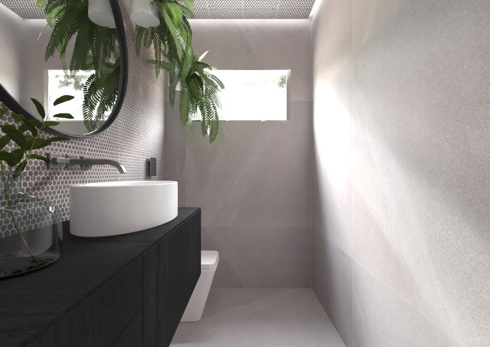 Lavabo com uso de cores mais escuras porém sem perder o ar de natureza que foi escolhido e preservado. 