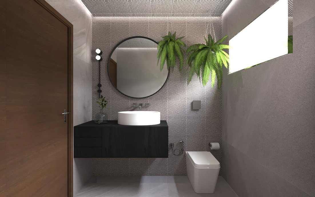 Lavabo com uso de cores mais escuras porém sem perder o ar de natureza que foi escolhido e preservado. 