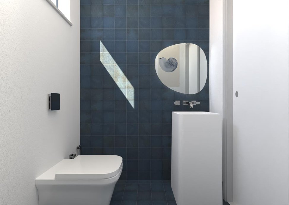 Banheiro para sauna moderno com uso de um revestimento que traz uma superfície desenvolvida para aplicação em piscinas e que coube perfeitamente nessa proposta que se deu através da combinação com a piscina do local. 
