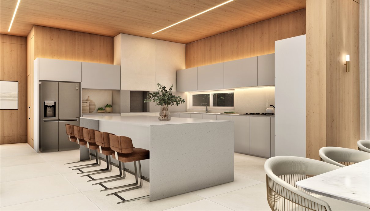 #ConcursoArchtrendsCasoca. O projeto MV é uma reforma de um espaço que atenderá como área de festas, local para receber amigos e familiares e acolhe-los confortavelmente em um ambiente funcional e aconchegante. O espaço é composto por uma ampla bancada, de modo a facilitar o preparo das refeições, assim como a composição de sofás, mesas e poltronas, que permitem o recebimento de convidados. A presença de grandes aberturas em PVC garante o contato com o ambiente externo, ventilação cruzada e a iluminação natural. Da mesma forma, possibilitam maior desempenho térmico, garantindo que em dias muito quentes ou em dias muito frios, como acontece na região, proporcione maior qualidade de vida aos usuários. As escolhas partiram de materiais naturais, como a madeira certificada, a pedra e um porcelanato que harmonizasse com o projeto, o Posto 10. As cores suaves do revestimento contrapõem-se com os demais elementos naturais, proporcionando um visual aconchegante, moderno, despojado e atemporal. Como o espaço é para reforma e ampliação, o rev
