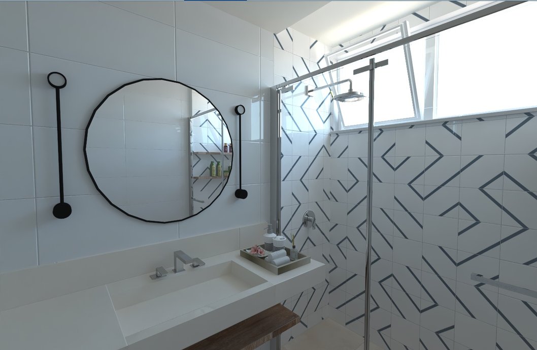 Banheiro social com design leve e versátil